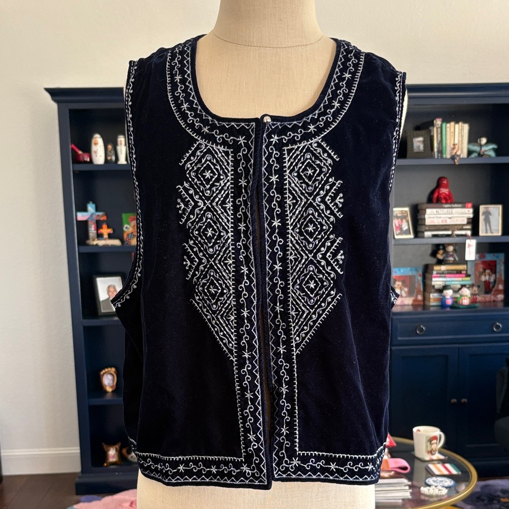 Melange Embroidered Blue Velvet Vest Sleeveless Top Size XL